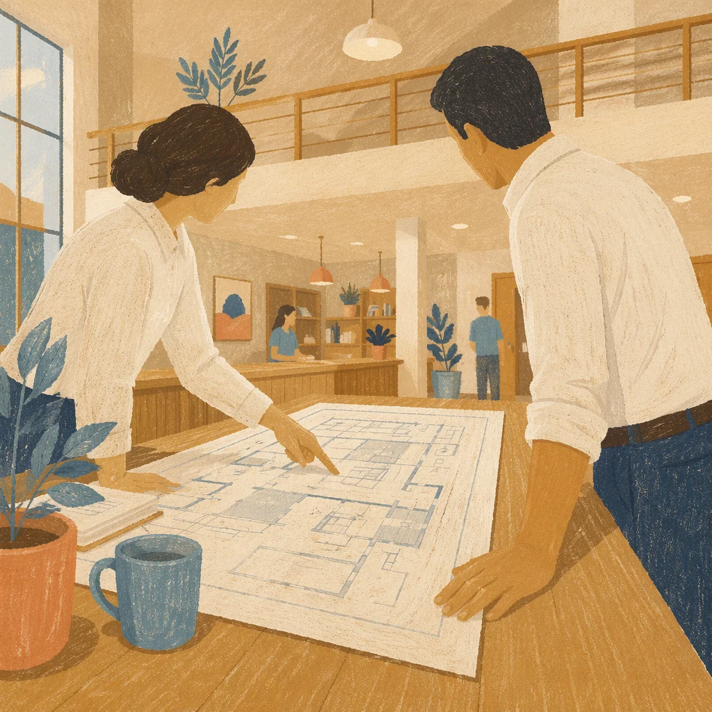 Church Building Committee Reviewing Blueprints