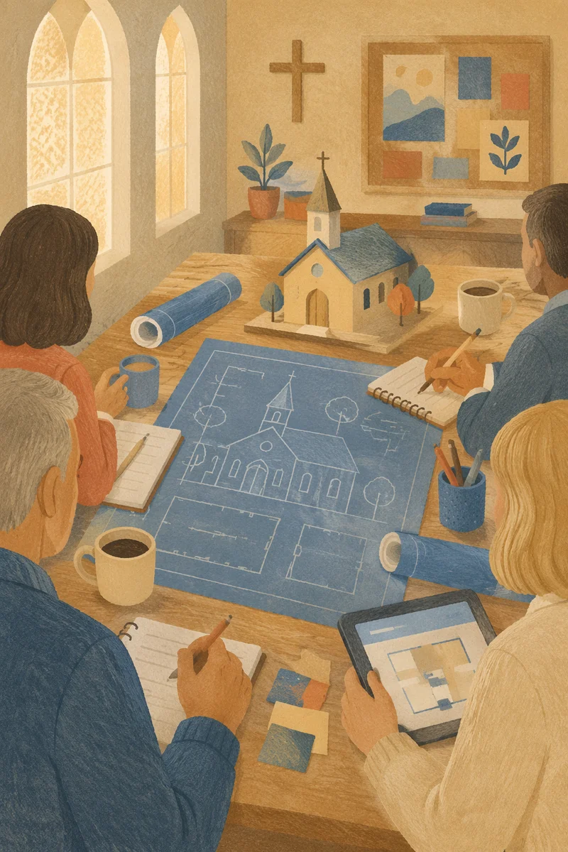 Church Building Committee Reviewing Blueprints