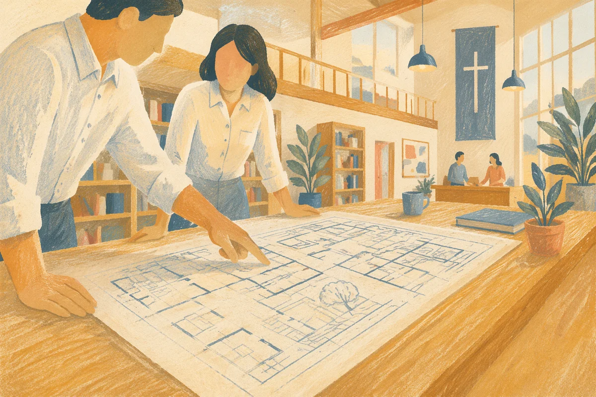Church Building Committee Reviewing Blueprints