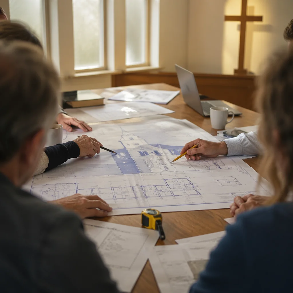 Church Building Committee Reviewing Blueprints