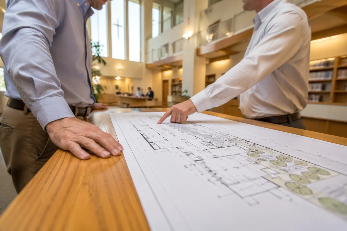 Church Building Committee Reviewing Blueprints