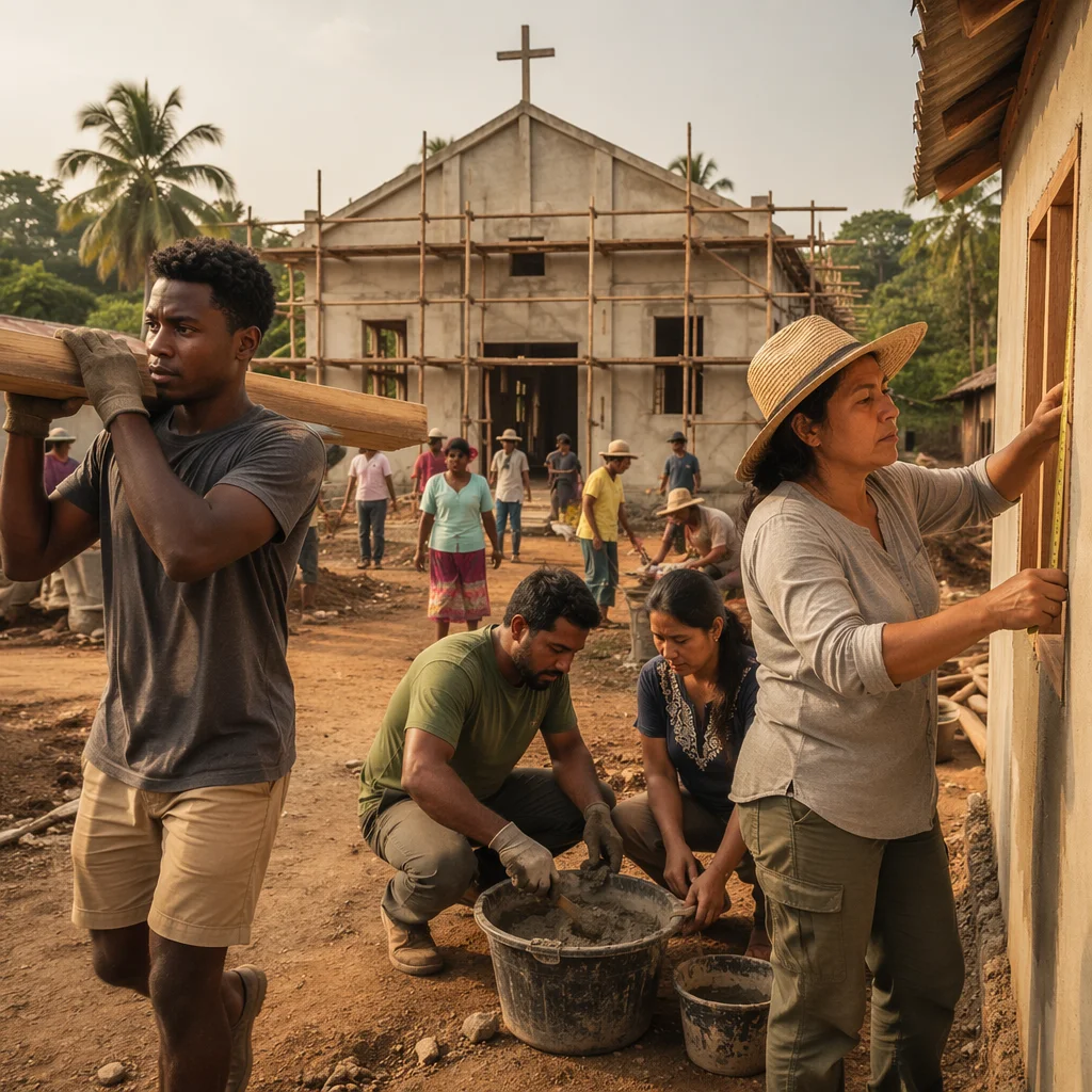 Volunteers Building Chapel in Tropical Village