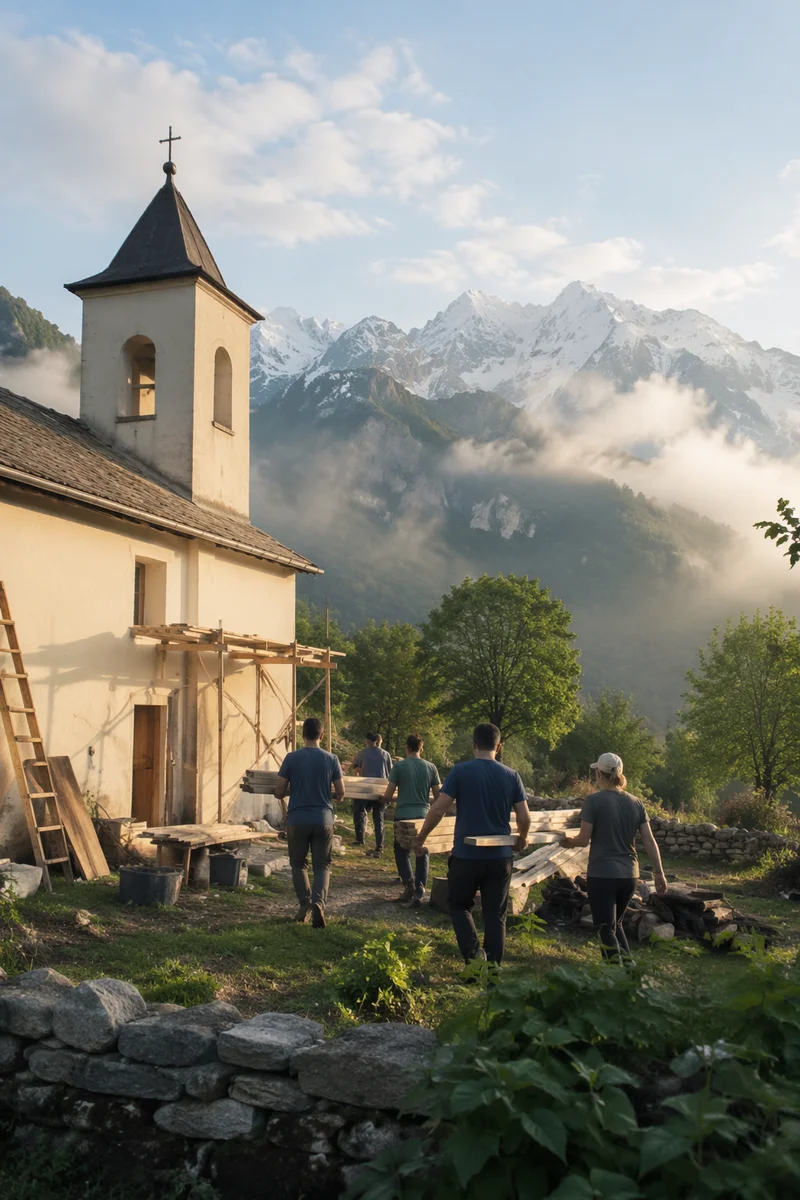 Overseas Volunteers Building Rural Chapel at Dawn