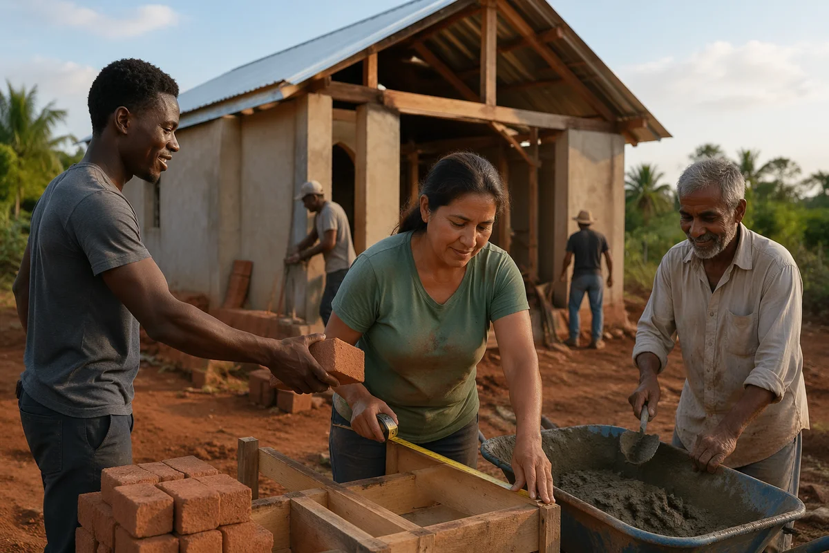Volunteers Building Rural Church Outdoors