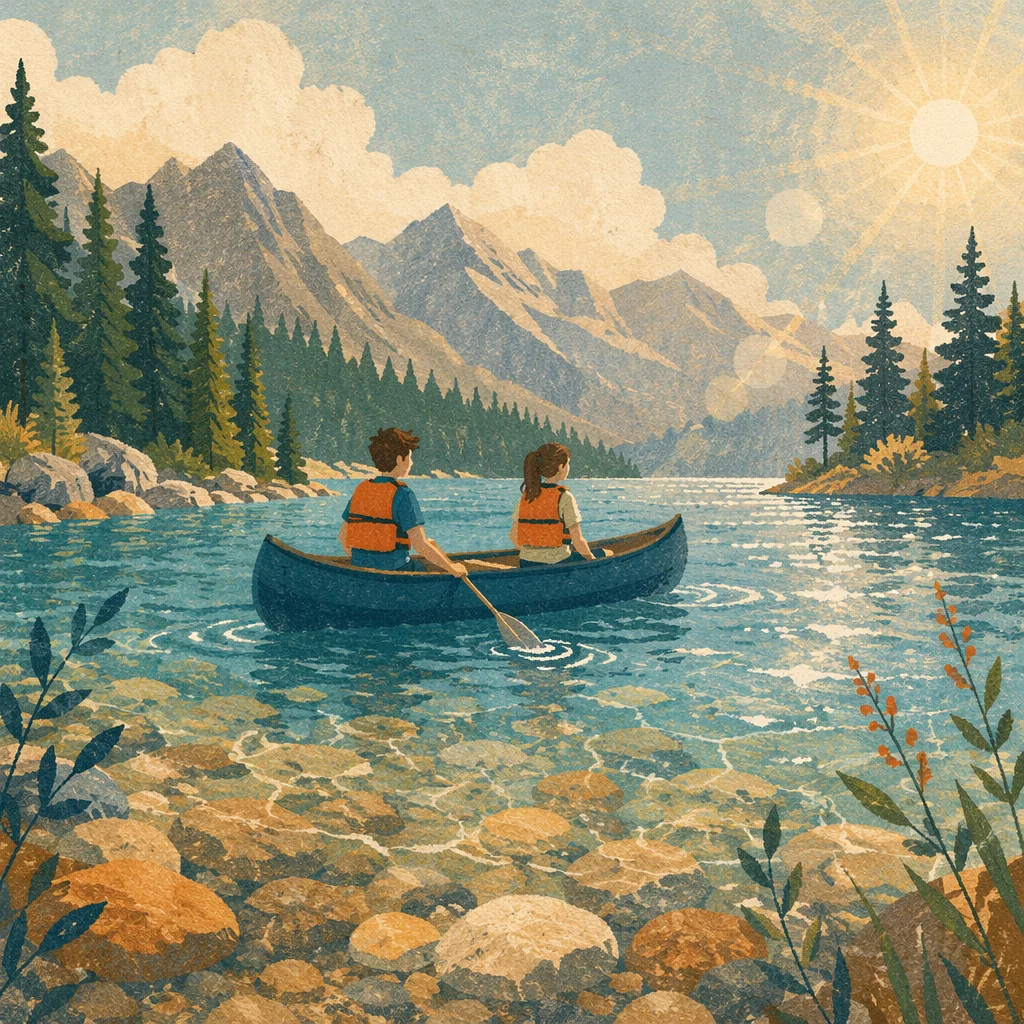 Teens Canoeing at Summer Church Camp Lake