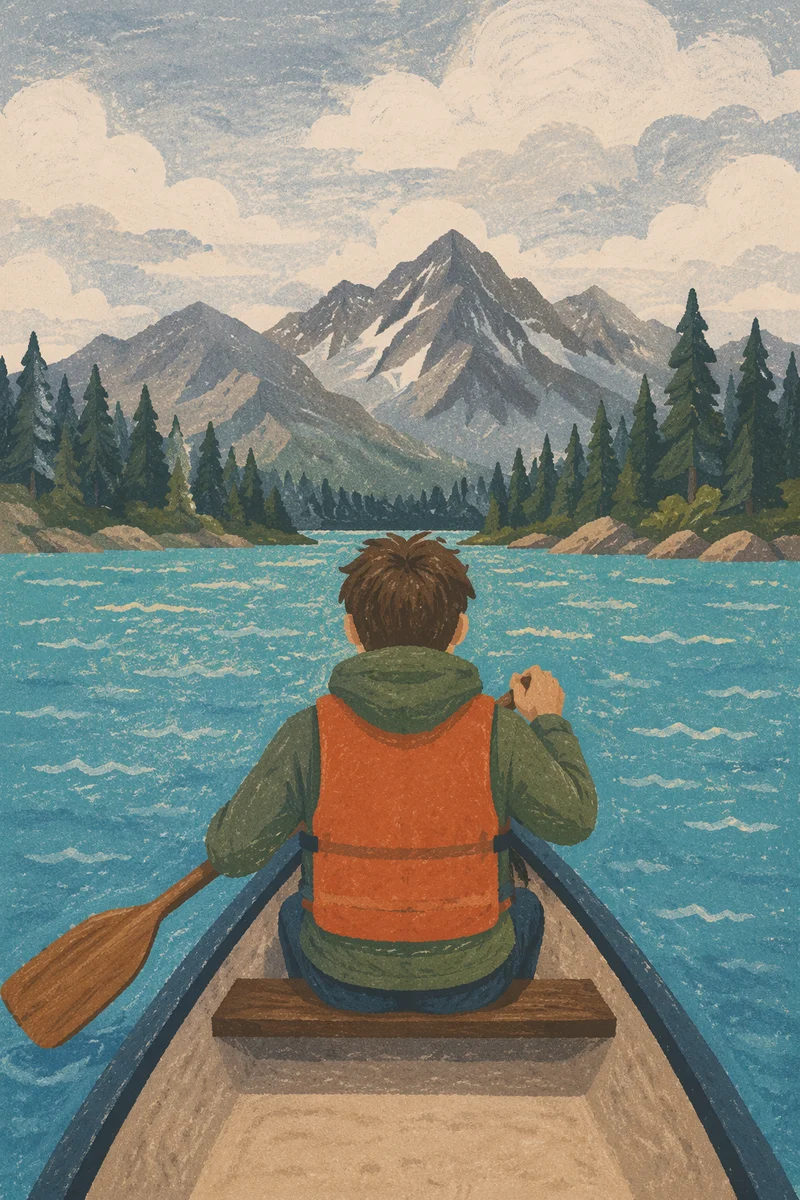 Teen Canoeing on Alpine Lake at Camp