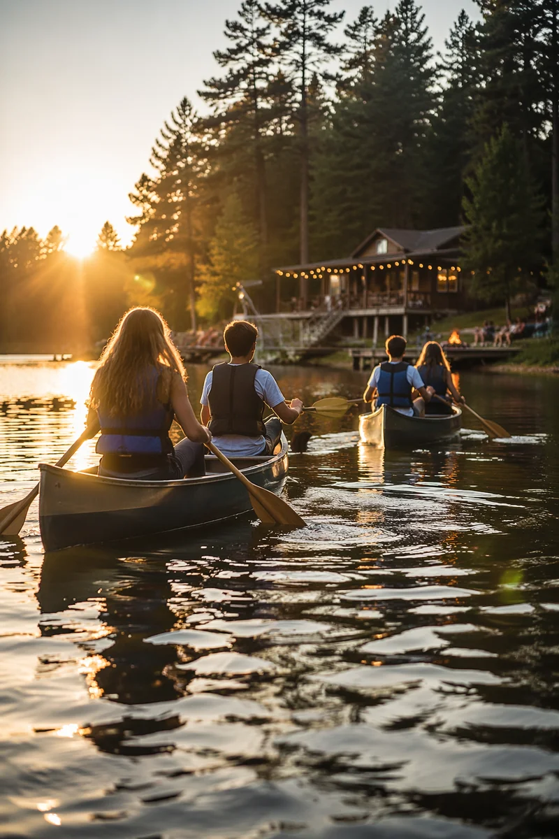 Teens Canoeing at Summer Church Camp Lake