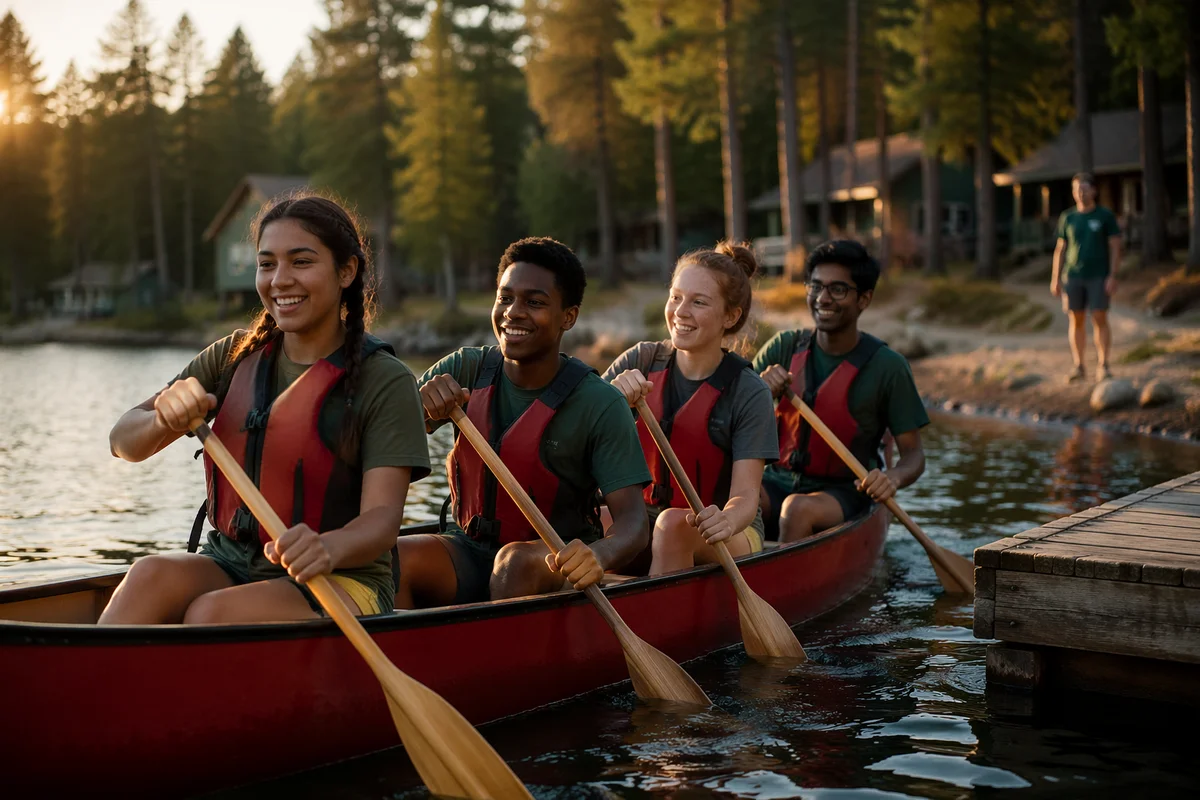 Teenagers Canoeing on Summer Camp Lake