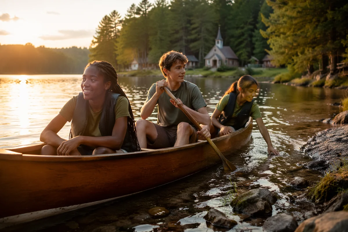 Teenagers Canoeing on Forest Lake at Sunset