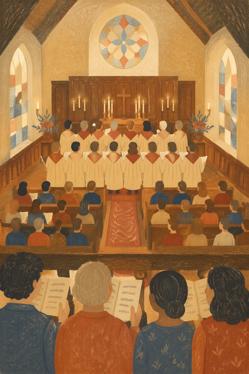 Reverent Church Choir in Warm Sanctuary