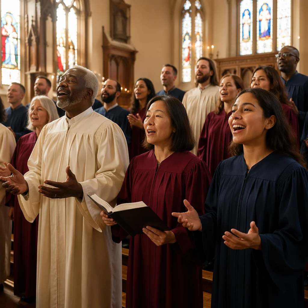Diverse Church Choir Singing in Bright Sanctuary