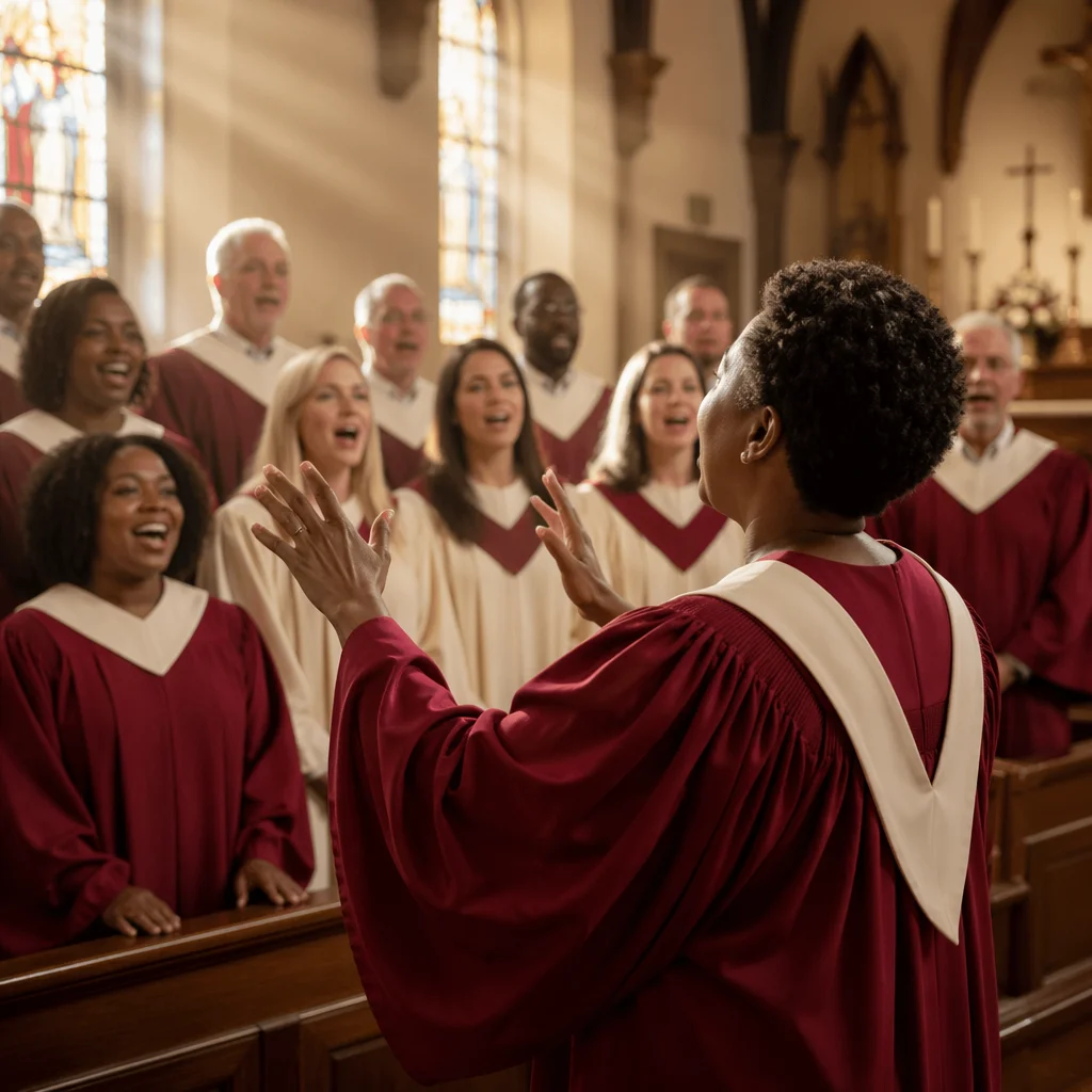 Church Choir Singing in Sunlit Sanctuary