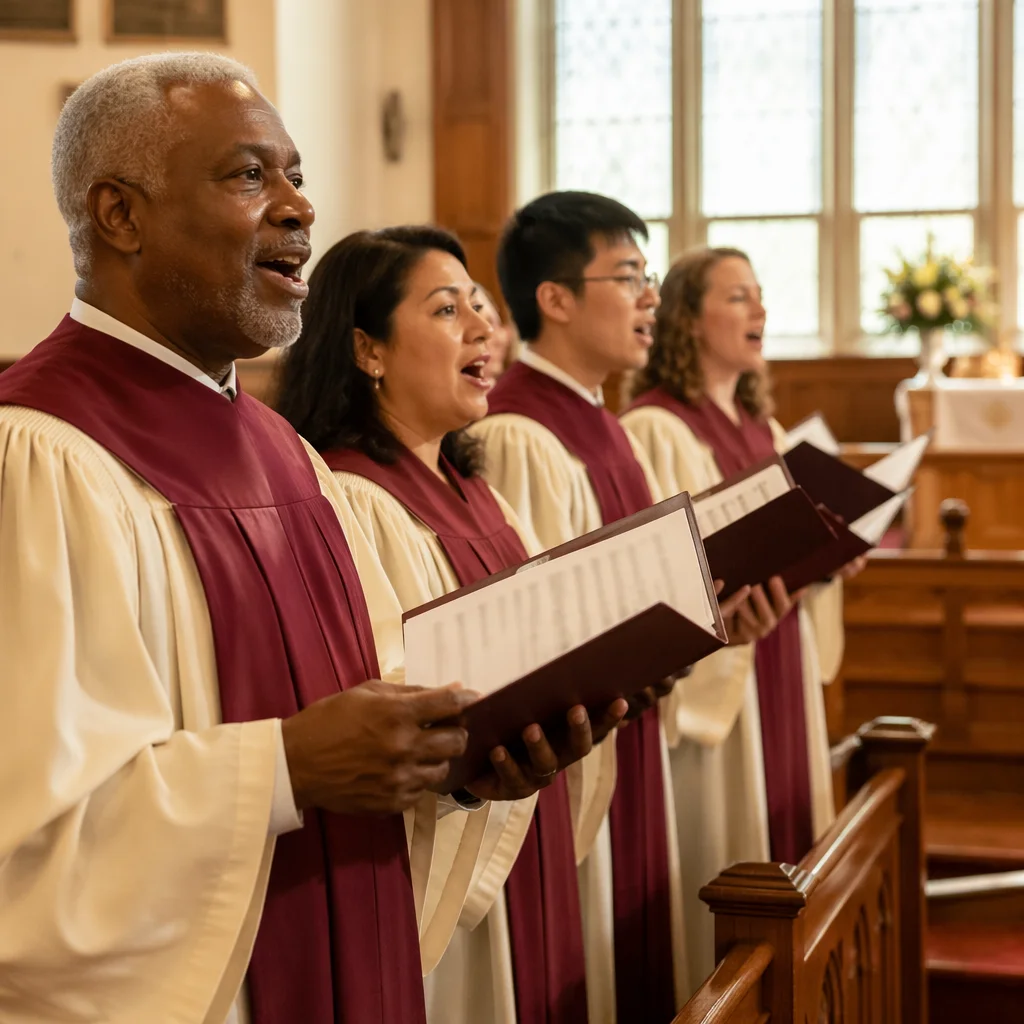 Choir Rehearsal in Sunlit Church Sanctuary