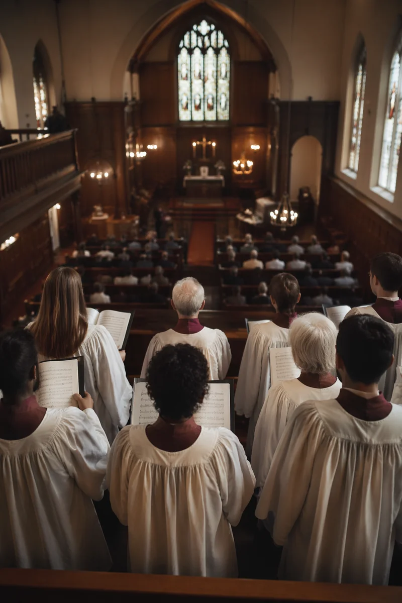Reverent Church Choir Singing in Sanctuary