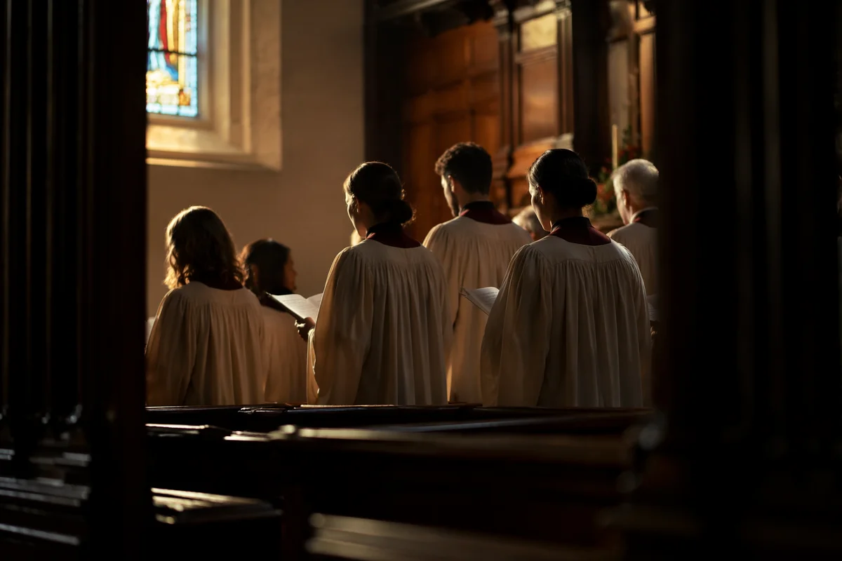 Reverent Church Choir Singing in Sanctuary