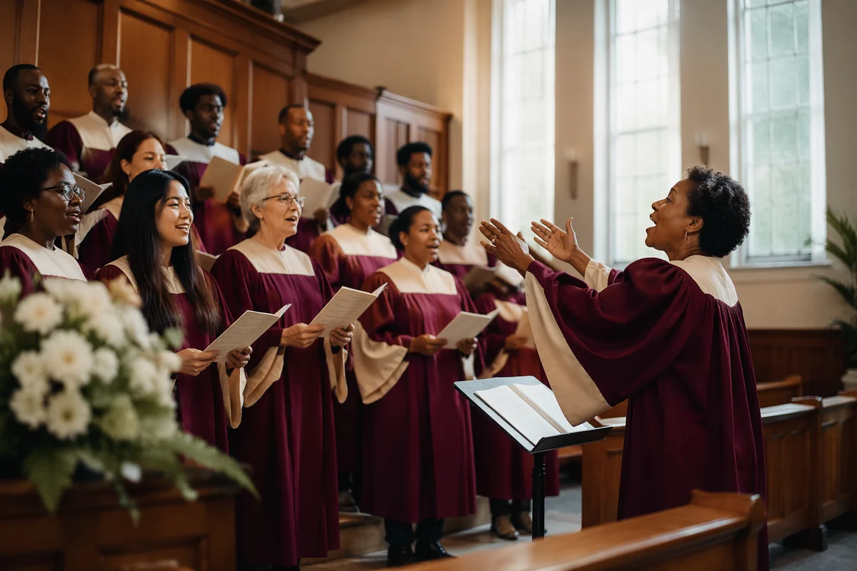 Choir Rehearsal in Sunlit Church Sanctuary