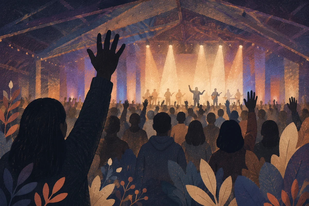 Worship Night Crowd in Glowing Auditorium