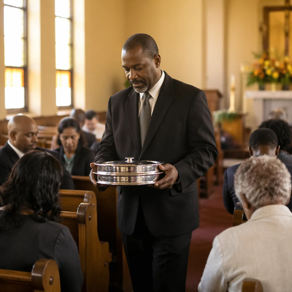 Deacon Serving Communion in Sunlit Sanctuary