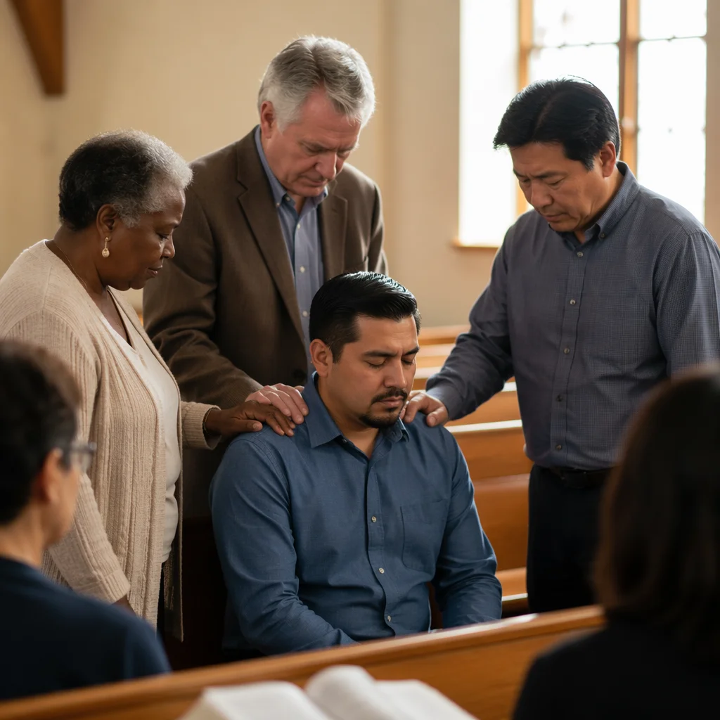 Church Elders Praying with Seated Man