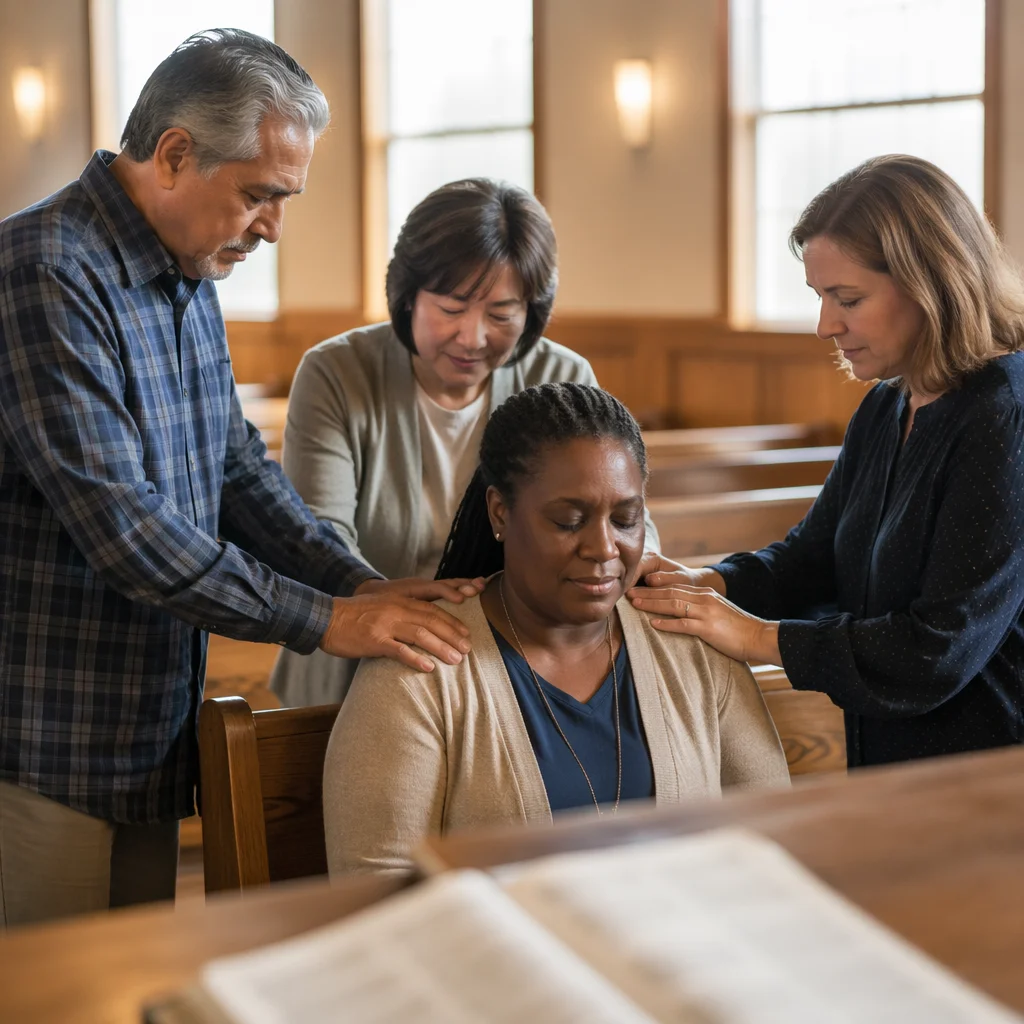 Church Elders Praying Over Seated Woman