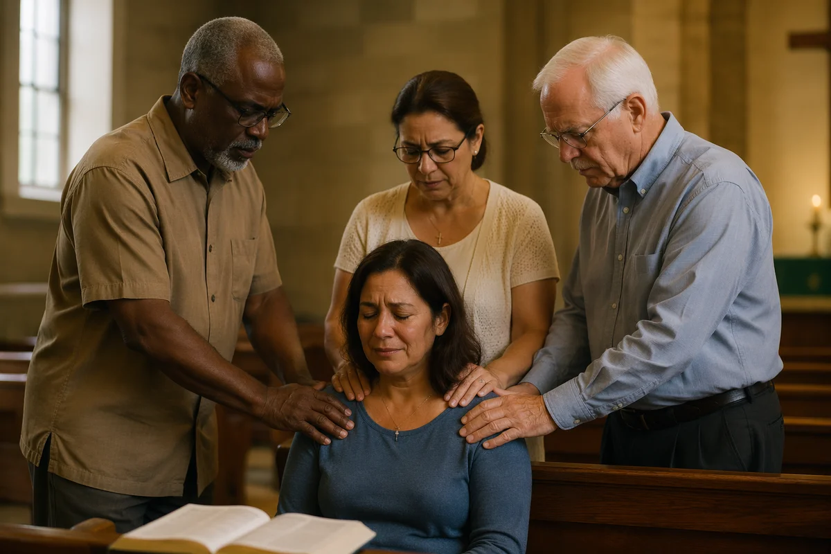 Church Elders Praying Over Seated Woman