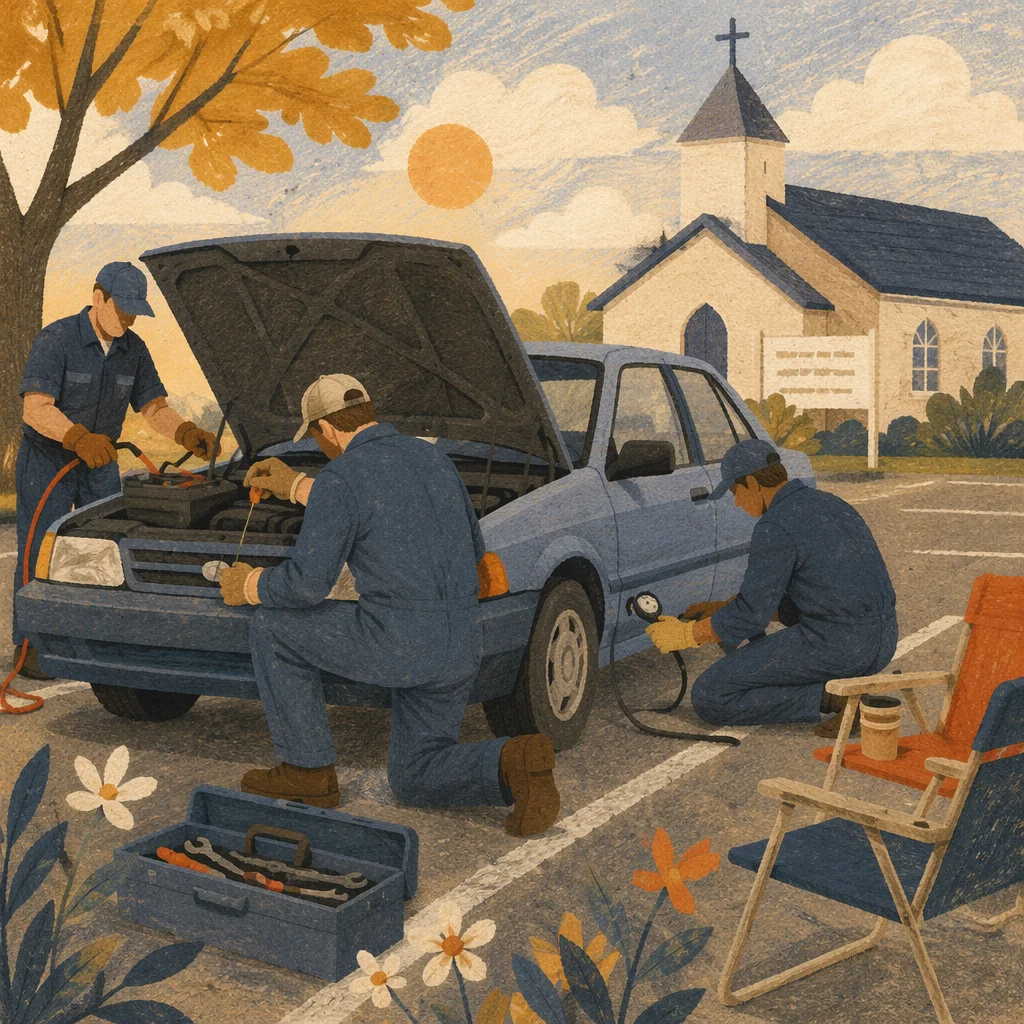 Church Volunteers Repair Car in Parking Lot