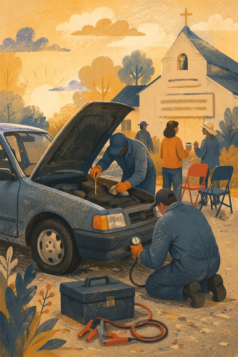 Church Volunteers Helping with Free Car Care