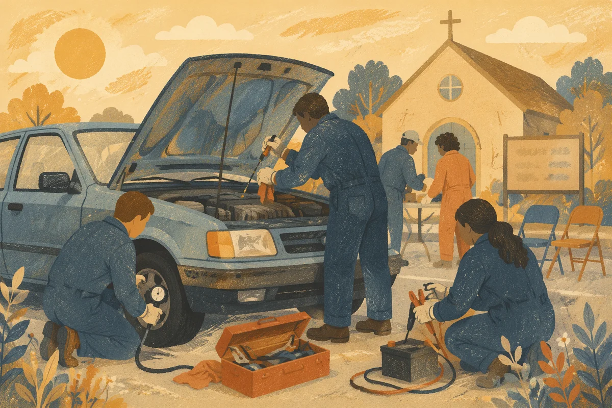 Church Volunteers Repair Car in Morning Light