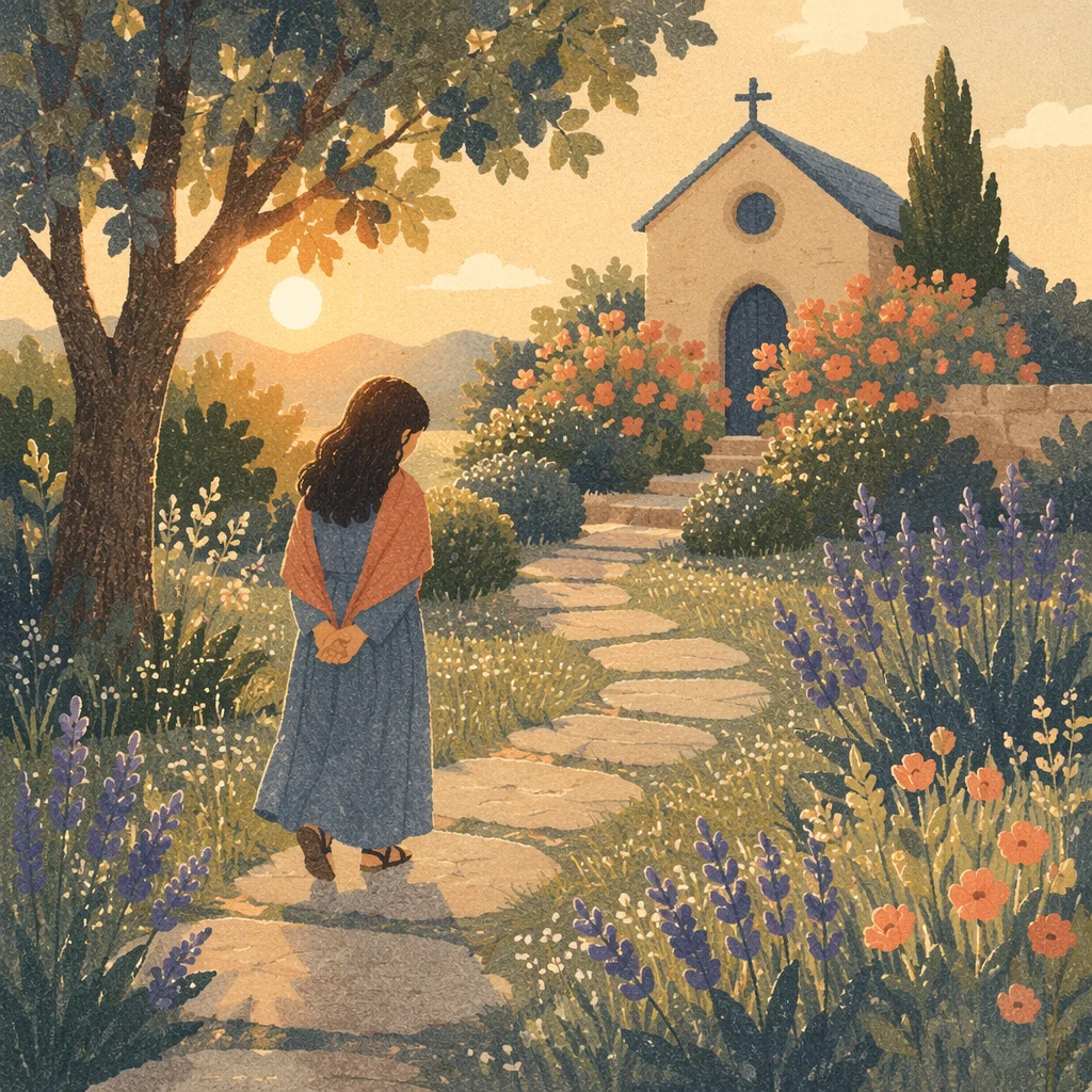 Peaceful Church Garden Prayer Path at Sunrise