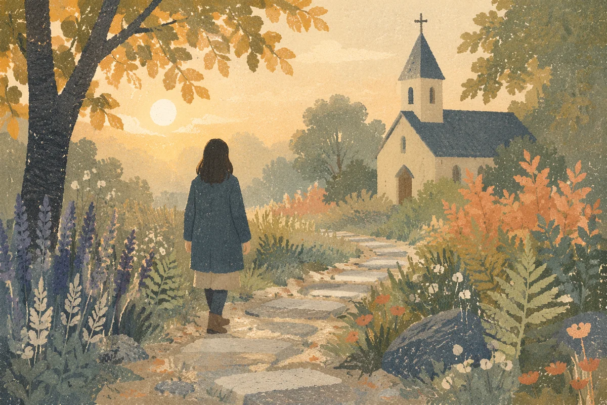 Quiet Church Garden Prayer Path at Sunrise