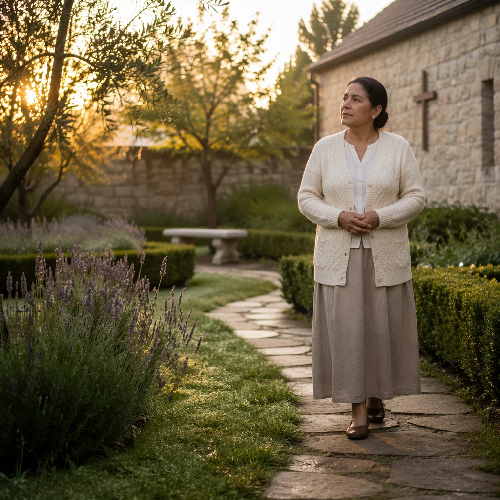 Woman Walking Church Garden Prayer Path