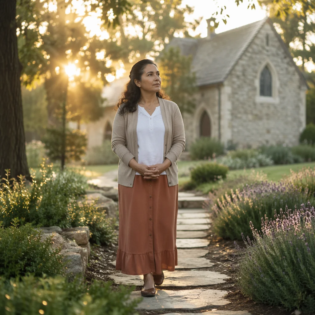 Woman Walking Church Garden Prayer Path