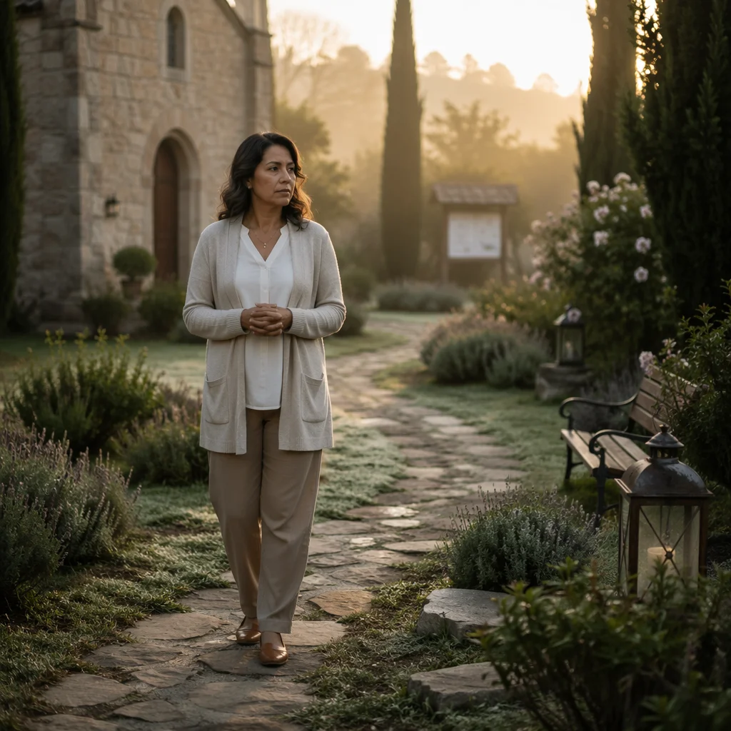 Woman Walking Church Garden Prayer Path