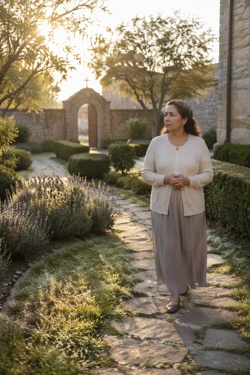Woman Walking Church Garden Prayer Path