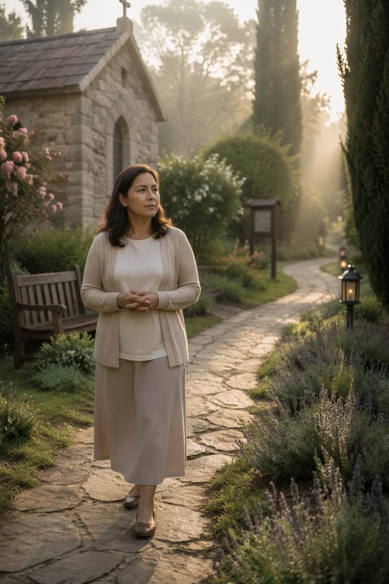 Woman Walking Church Garden Prayer Path