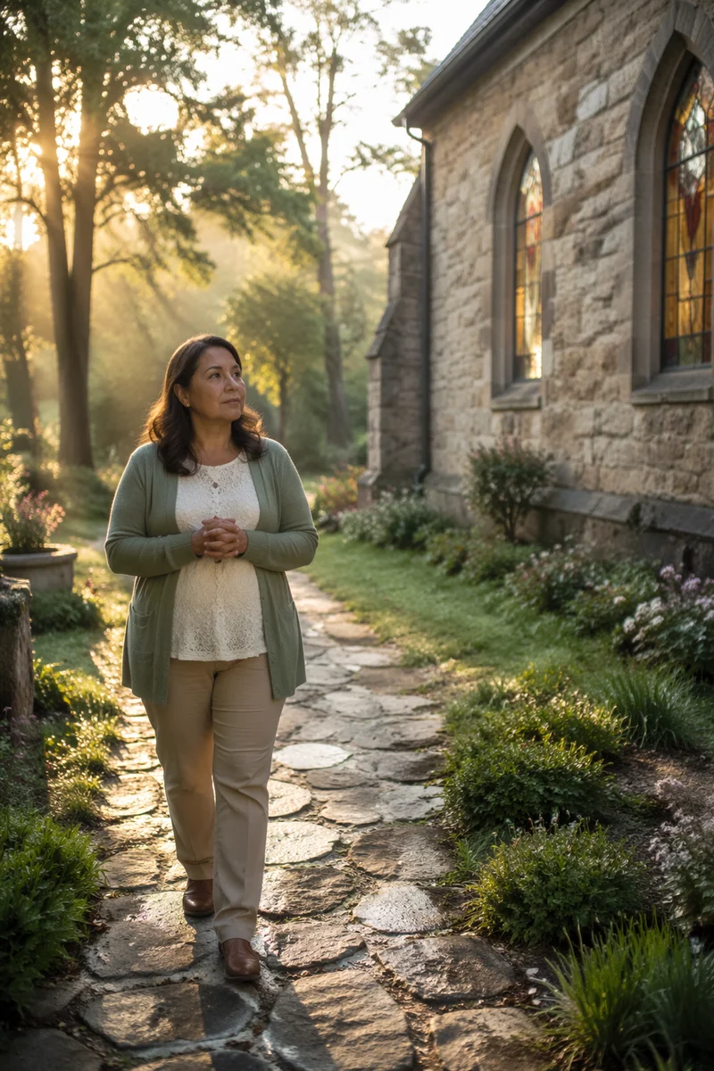 Woman Walking Church Garden Prayer Path