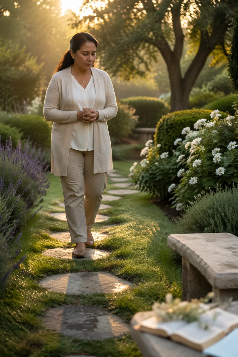 Woman Walking Garden Path at Sunrise