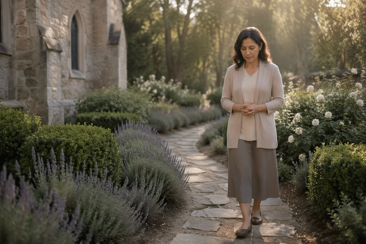 Woman Walking Garden Path by Chapel