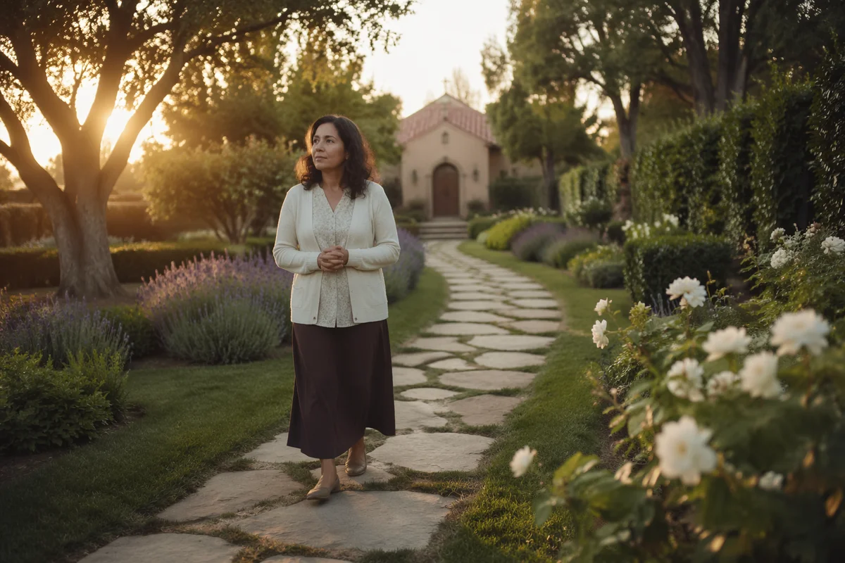 Woman Walking Through Peaceful Church Garden