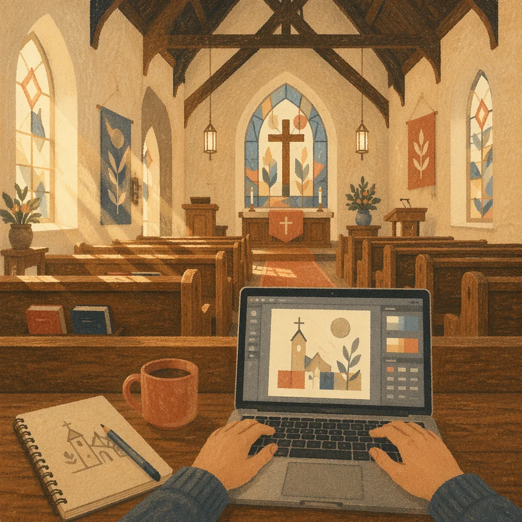Church Graphic Design Creation on Laptop
