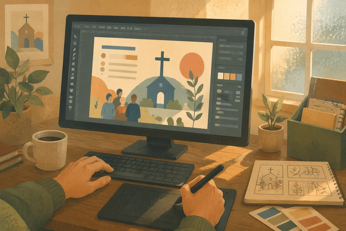 Church Graphic Design Workspace on Monitor