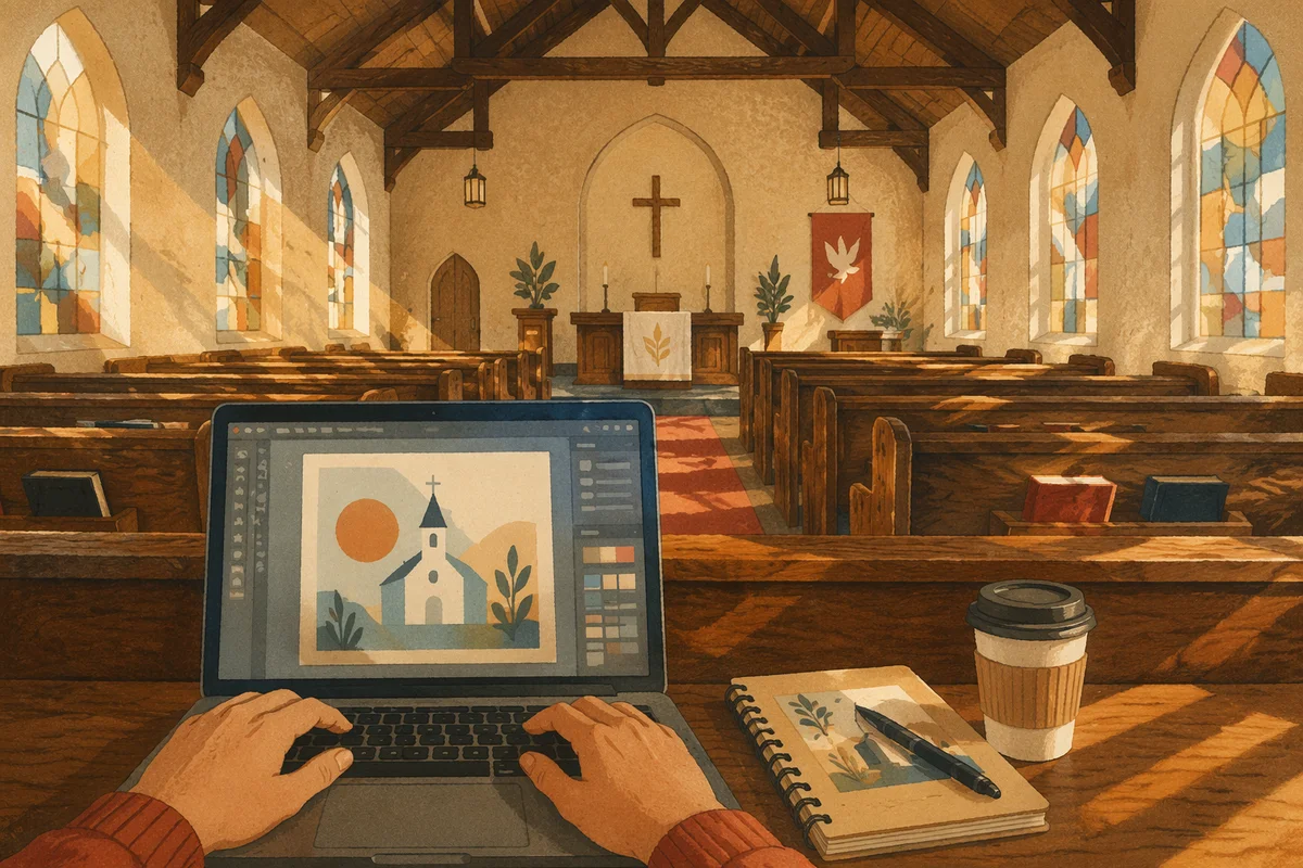 Church Graphic Design on Laptop in Nave