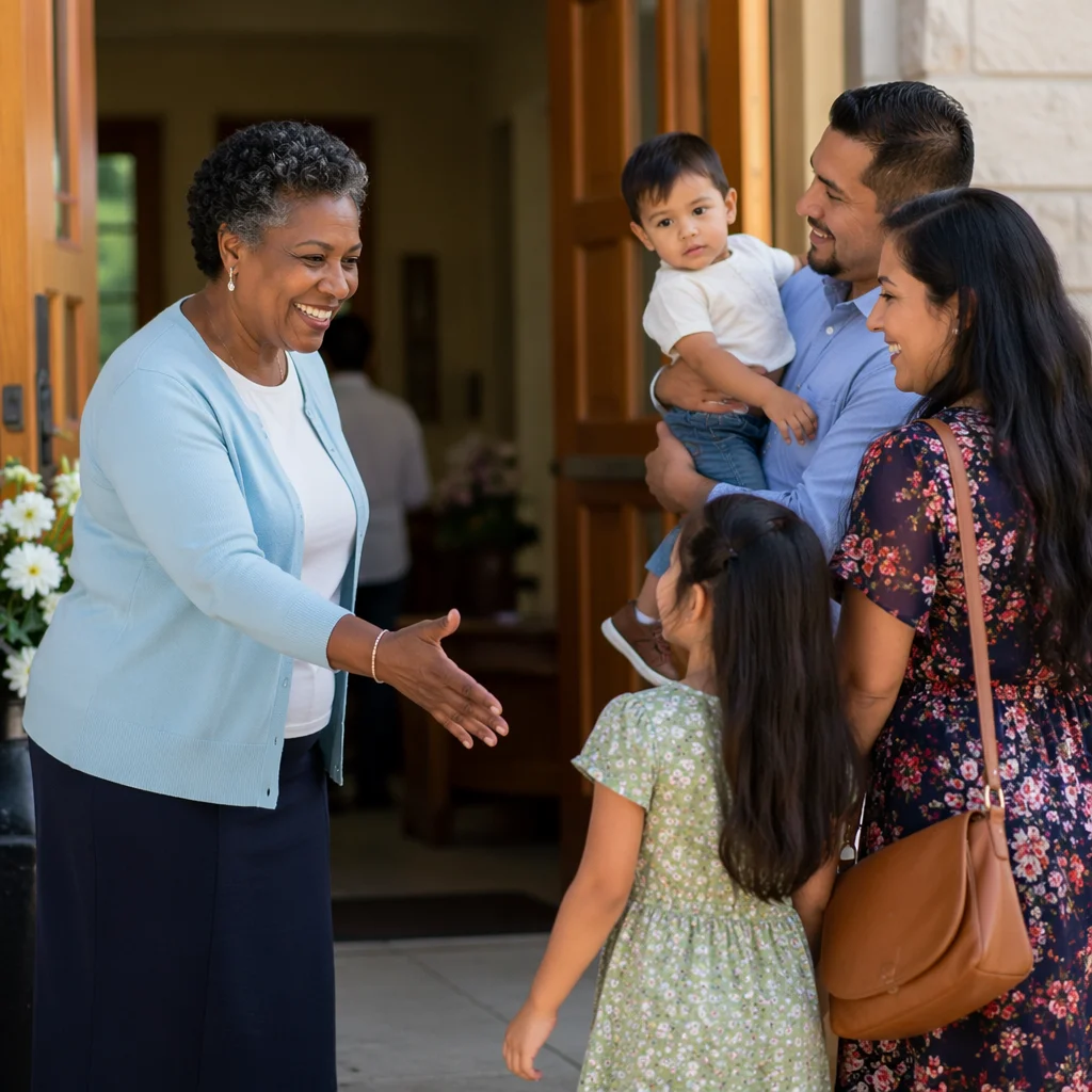 Church Greeter Welcoming Family at Entrance