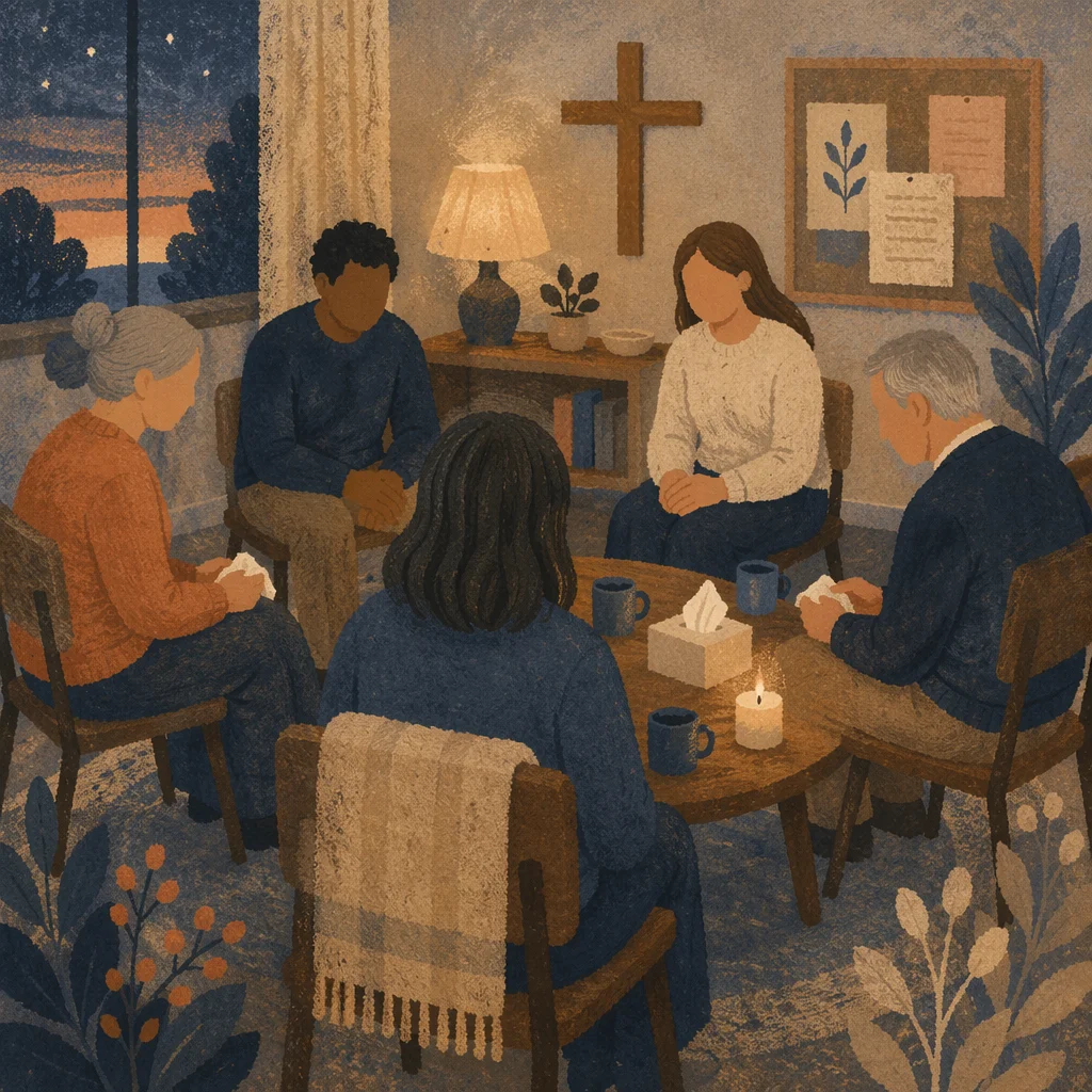 Hopeful Church Grief Support Circle at Dusk