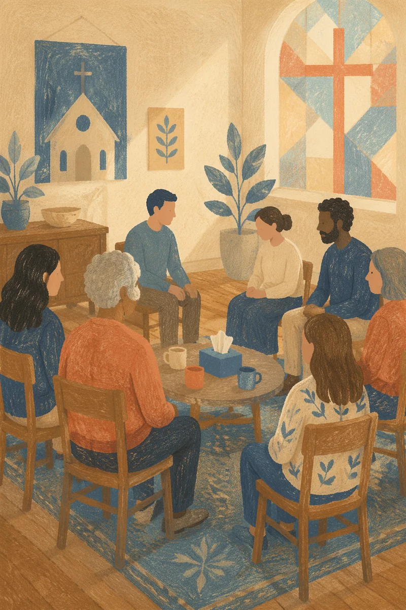 Church Grief Support Circle in Soft Light