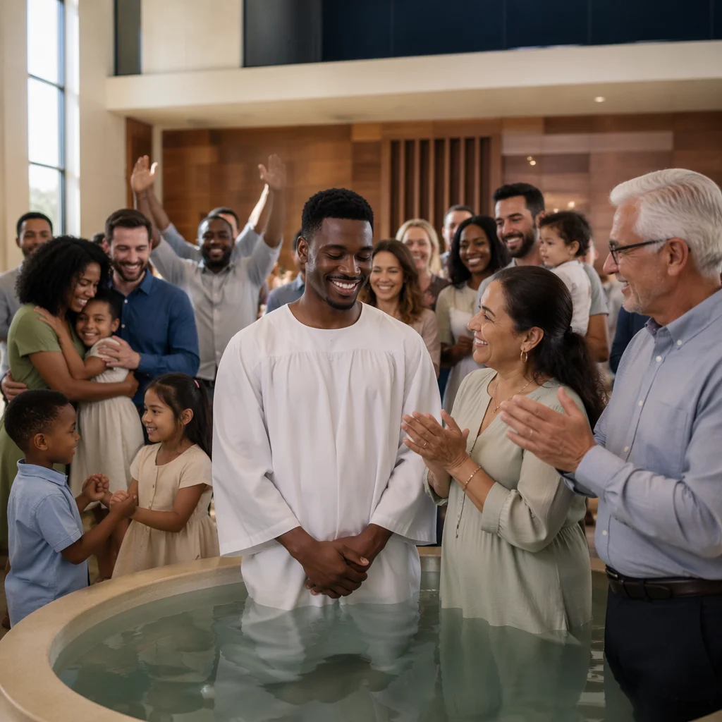 Joyful Church Baptism Celebration in Sanctuary