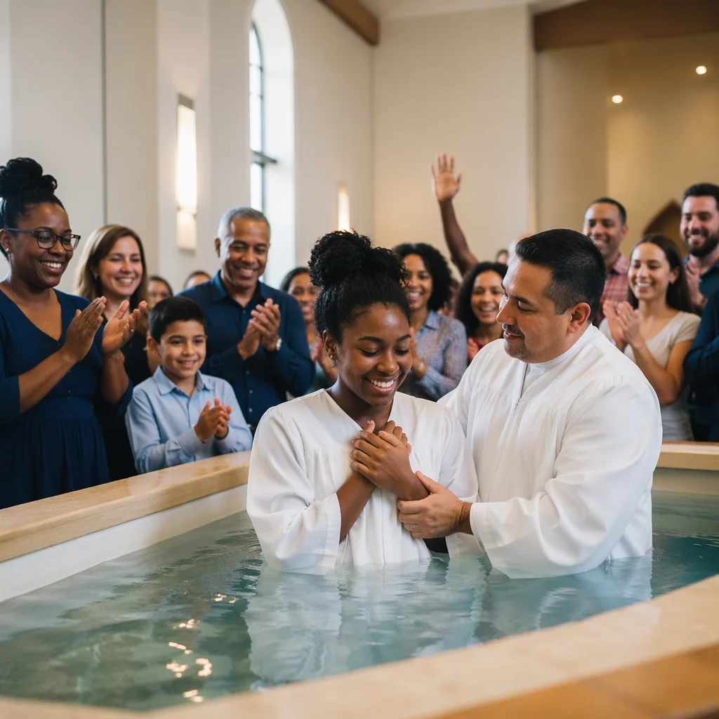 Joyful Church Baptism Celebration With Congregation