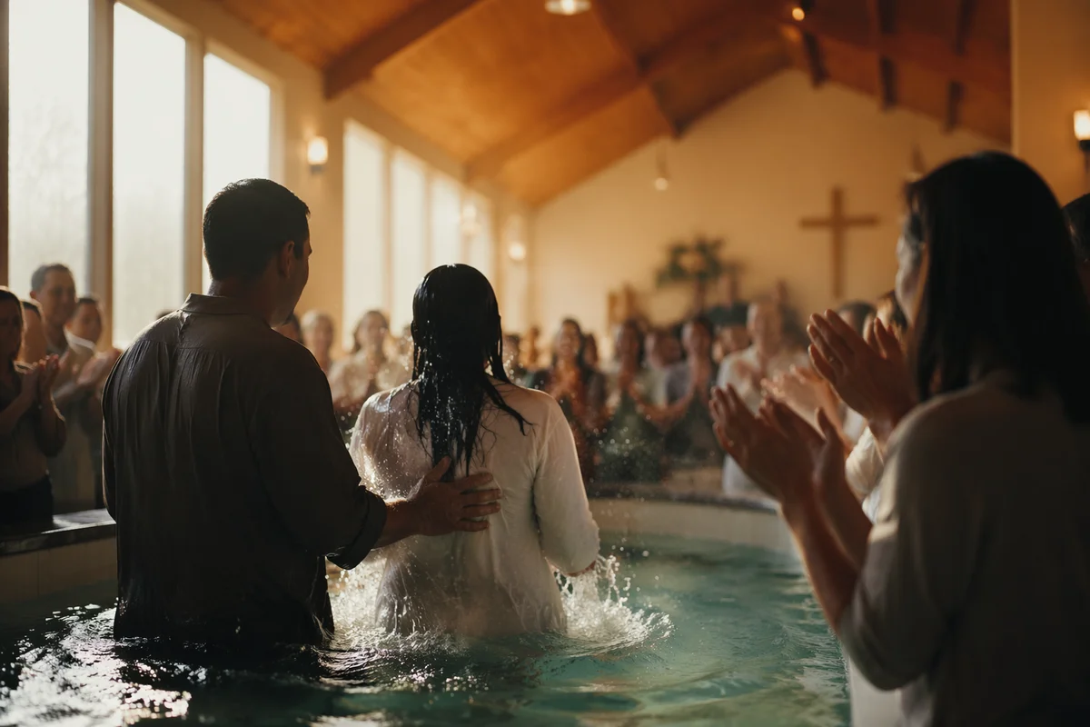 Joyful Church Baptism Celebration With Congregation