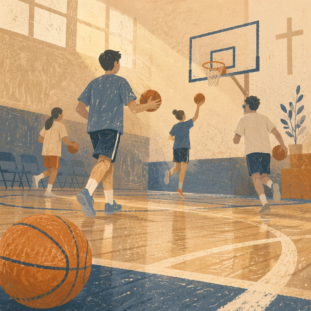 Church Youth Basketball Practice in Gymnasium