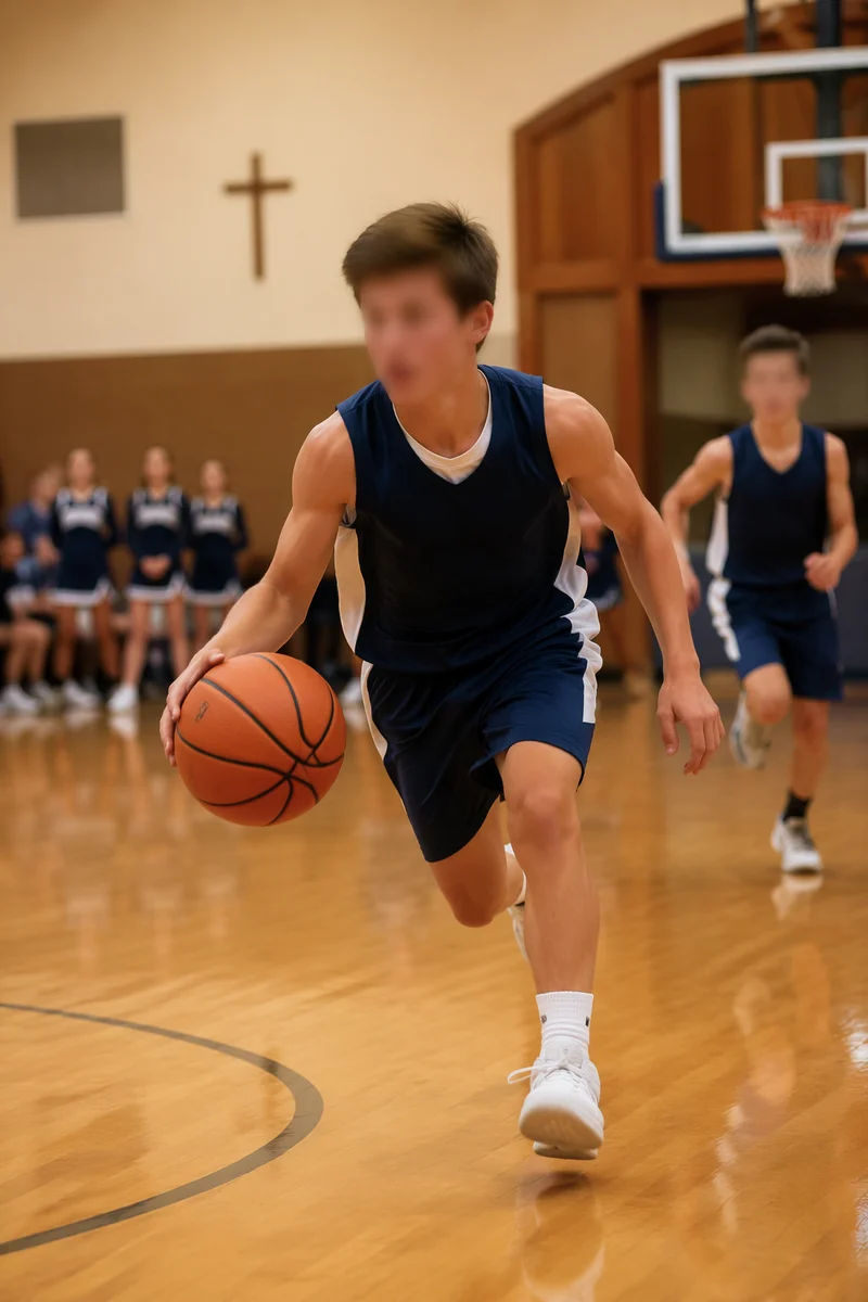 Teen Basketball Action in Church Gym